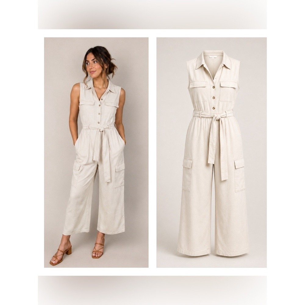 Monteau Womens Linen Wide Leg Jumpsuit Large Euro Summer Resort Coastal Boho